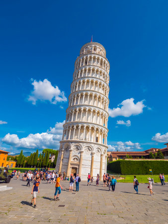 Most famous tourist attraction in Pisa - The Leaning Tower - PISA / TUSCANY ITALY - SEPTEMBER 13, 2017のeditorial素材
