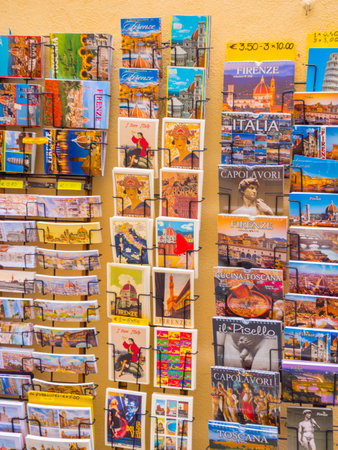 Postcards at a souvenir shop in Florence - FLORENCE / ITALY - SEPTEMBER 12, 2017のeditorial素材