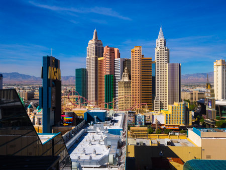 Beautiful skyline of Las Vegas Strip with NY NY Hotel and Casino - LAS VEGAS - NEVADA - OCTOBER 12, 2017のeditorial素材