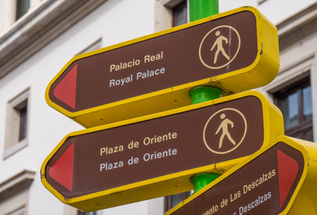 Direction signs in the streets of Madrid leading to Royal Palace - MADRID / SPAIN - FEBRUAR 21, 2018のeditorial素材