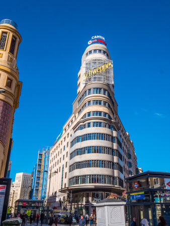 Famous Schweppes advertising at Callao Square Gran Via Street in Madrid - MADRID / SPAIN - FEBRUARY 20, 2018のeditorial素材