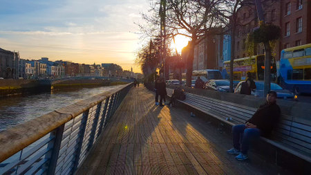 Beautiful river walk at River Liffey in Dublinのeditorial素材