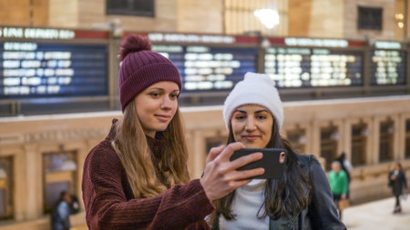 Two friends travel to New York for sightseeing - NEW YORK, UNITED STATES - DECEMBER 4, 2018のeditorial素材