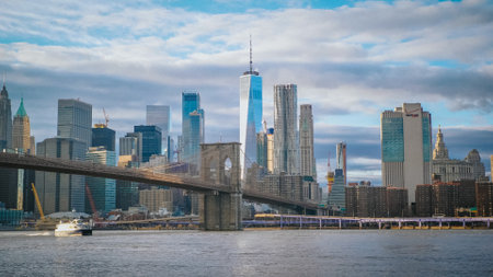 Amazing view over the skyline of Manhattan with Brooklyn Bridge - NEW YORK, UNITED STATES - DECEMBER 4, 2018のeditorial素材