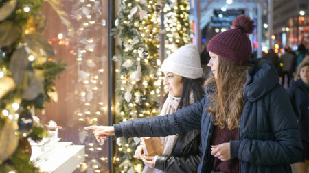 Two girls in New York look at Christmas decorated shop windows - NEW YORK, UNITED STATES - DECEMBER 4, 2018のeditorial素材