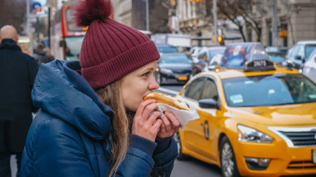 Typical street food in New York the famous hot dog - NEW YORK, UNITED STATES - DECEMBER 4, 2018