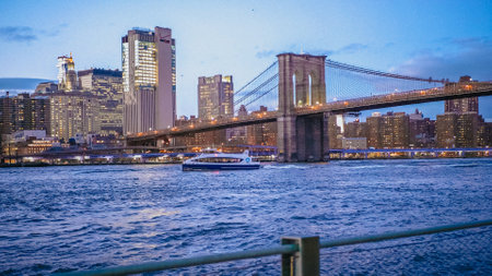 Beautiful Manhattan skyline and New York city lights in the evening - NEW YORK, USA - DECEMBER 4, 2018のeditorial素材