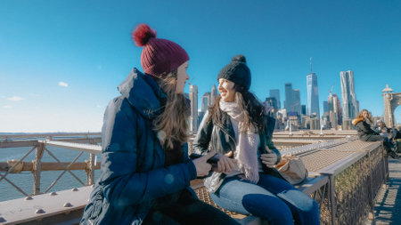 Relaxing at Brooklyn Bridge New York on a sunny day - NEW YORK, UNITED STATES - DECEMBER 4, 2018のeditorial素材