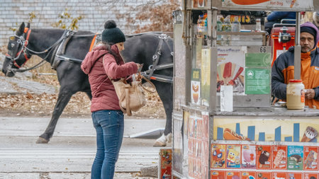 Young woman buys a hot dog in the streets of New York - NEW YORK, UNITED STATES - DECEMBER 4, 2018のeditorial素材