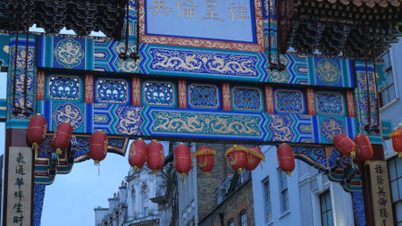 Gate to London Chinatown in the evening - LONDON, ENGLAND - DECEMBER 15, 2018のeditorial素材