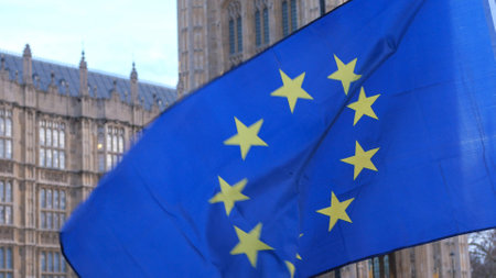European Flag in front of House of Parliament at Brexit - LONDON, ENGLAND - DECEMBER 15, 2018のeditorial素材