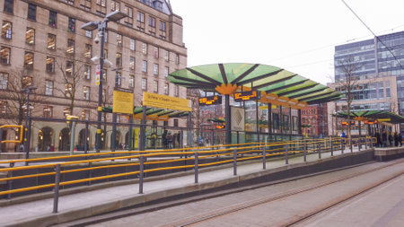 St Peter s Square Metrolink tram station in Manchester - MANCHESTER / ENGLAND - JANUARY 1, 2019のeditorial素材