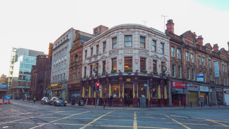 Street corner in the city center of Manchester - MANCHESTER / ENGLAND - JANUARY 1, 2019のeditorial素材