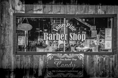 Old Barber Shop in the historic village of Lone Pine - LONE PINE CA, UNITED STATES OF AMERICA - MARCH 29, 2019のeditorial素材