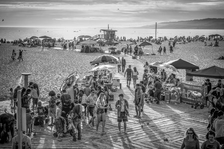 Santa Monica Beach is a busy place in summer - LOS ANGELES, USA - MARCH 29, 2019のeditorial素材