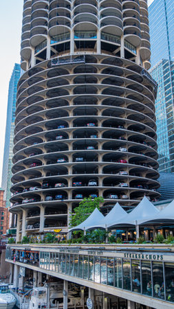 Famous round parking lot at Chicago River - CHICAGO, USA - JUNE 12, 2019のeditorial素材