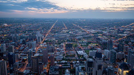 Aerial view over the city of Chicago in the evening - CHICAGO, USA - JUNE 12, 2019のeditorial素材