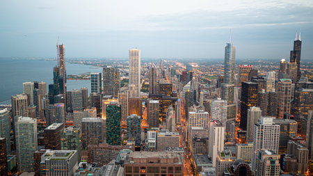 The skyscrapers of Chicago - aerial view in the evening - CHICAGO, USA - JUNE 12, 2019のeditorial素材