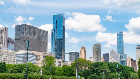 Modern architecture in Chicago view from Grant Park - CHICAGO, USA - JUNE 12, 2019のeditorial素材