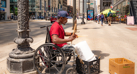 Street musician in Chicago - a drummer on Michigan Avenue - CHICAGO, USA - JUNE 12, 2019のeditorial素材