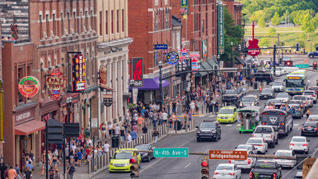 View over the live music pubs and Rooftop Bars in Nashville - NASHVILLE, USA - JUNE 15, 2019のeditorial素材