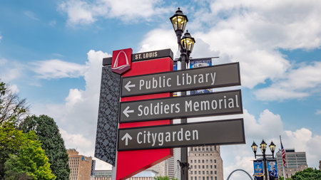 Direction sign in the city of St Louis - ST. LOUIS, USA - JUNE 19, 2019のeditorial素材