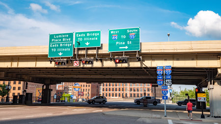 Street signs to Illinois in the city of St. Louis - ST. LOUIS, USA - JUNE 19, 2019