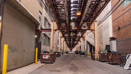 Overground tracks between the buildings in Chicago - CHICAGO, USA - JUNE 11, 2019のeditorial素材