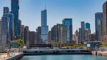 The lock of Chicago River at Lake Michigan - CHICAGO, USA - JUNE 11, 2019のeditorial素材
