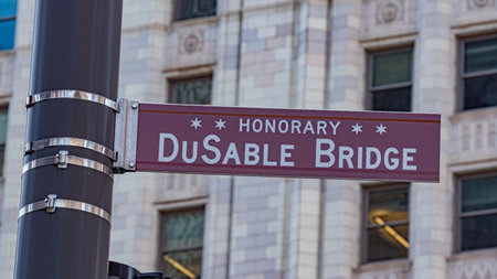 DuSable Bridge street sign in Chicago - CHICAGO, USA - JUNE 11, 2019のeditorial素材