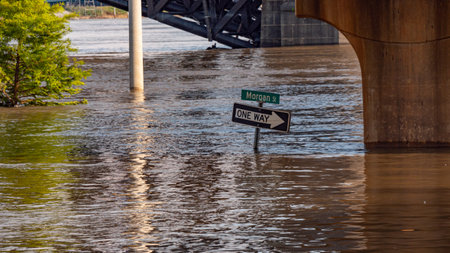 High tide flood of Mississippi River in Saint Louis - SAINT LOUIS. USA - JUNE 19, 2019のeditorial素材