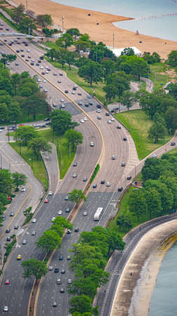 Lakeshore Drive and beaches in Chicago - CHICAGO, USA - JUNE 11, 2019のeditorial素材