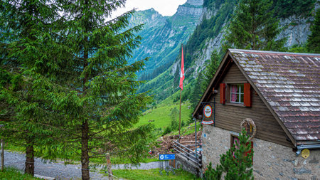 Swiss tavern on the top of a mountain - SWISS ALPS, SWITZERLAND - JULY 22, 2019のeditorial素材