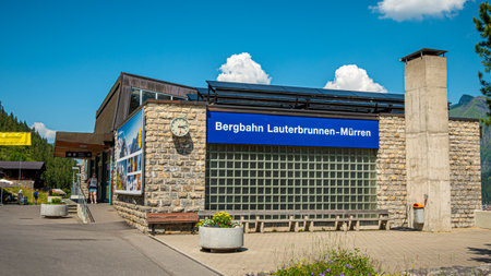 Mountain railroad Lauterbrunnen . Murren in the Swiss Alps - SWISS ALPS, SWITZERLAND - JULY 22, 2019のeditorial素材