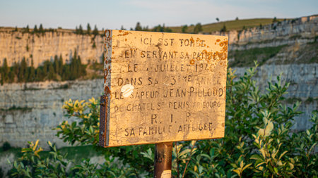Memorial board at Creux Du Van Cliffs in Switzerland - SWISS ALPS, SWITZERLAND - JULY 22, 2019のeditorial素材