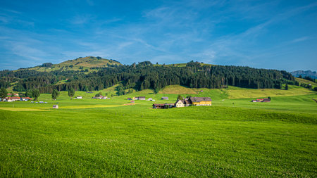 The typical landscape in the Swiss Alps - beautiful Switzerland - SWISS ALPS, SWITZERLAND - JULY 22, 2019のeditorial素材