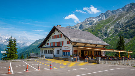 Tavern on the top of a mountain in Switzerland - SWISS ALPS, SWITZERLAND - JULY 22, 2019のeditorial素材