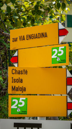 Direction signs in Sils Maria - SWISS ALPS, SWITZERLAND - JULY 22, 2019のeditorial素材