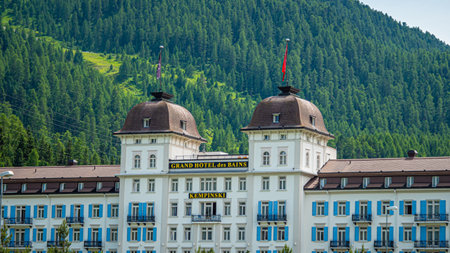 Exclusive Kempinski Grand Hotel in Saint Moritz Switzerland - SWISS ALPS, SWITZERLAND - JULY 22, 2019のeditorial素材