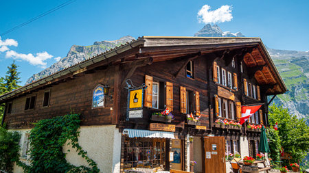 Wonderful historic village of Gimmelwald in the Swiss Alps - SWISS ALPS, SWITZERLAND - JULY 22, 2019のeditorial素材