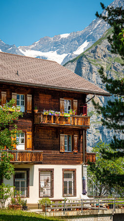 Beautiful village of Murren in the Swiss Alps is a popular travel destination - SWISS ALPS, SWITZERLAND - JULY 22, 2019のeditorial素材