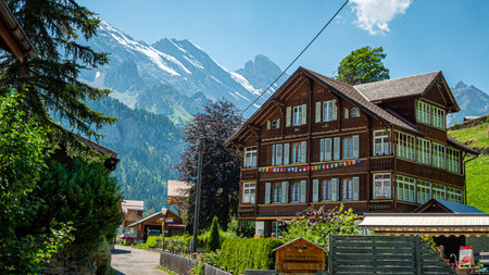 Wonderful historic village of Gimmelwald in the Swiss Alps - SWISS ALPS, SWITZERLAND - JULY 22, 2019のeditorial素材