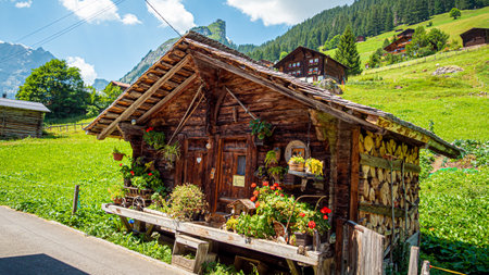 Wonderful historic village of Gimmelwald in the Swiss Alps - SWISS ALPS, SWITZERLAND - JULY 22, 2019のeditorial素材
