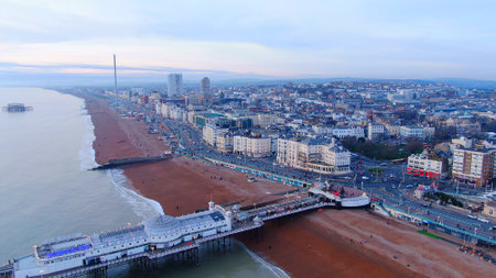 Brighton Pier in England - aerial view - BRIGHTON, ENGLAND, DECEMBER 29, 2019のeditorial素材