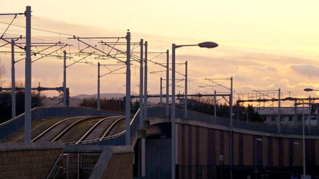 Tram tracks in the city of Edinburgh - EDINBURGH, UNITED KINGDOM - JANUARY 10, 2020のeditorial素材