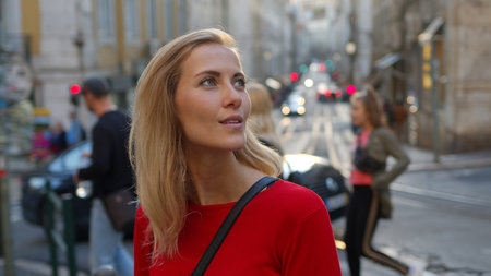 Blonde girl in the city of Lisbon - CITY OF LISBON, PORTUGAL - OCTOBER 15, 2019のeditorial素材