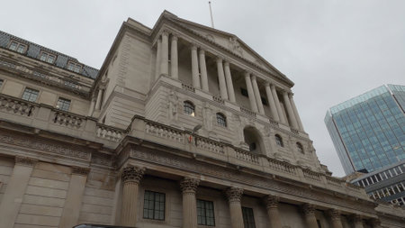 Bank of England and Royal Exchange in London - wide angle view - LONDON, ENGLAND - DECEMBER 10, 2019のeditorial素材