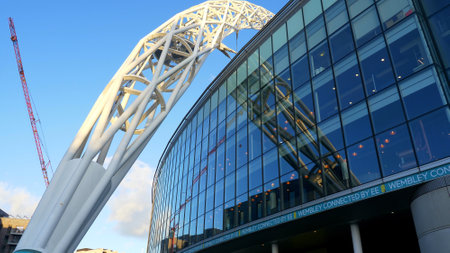 modern facade of Wembley Stadium London - LONDON, ENGLAND - DECEMBER 10, 2019