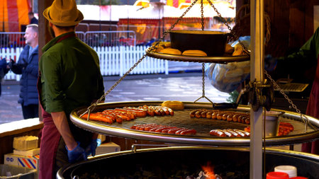 German sausages from a grill - LONDON, ENGLAND - DECEMBER 11, 2019のeditorial素材