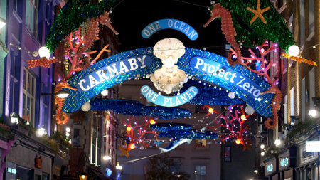 Christmas decoration at Carnaby street in London - LONDON, ENGLAND - DECEMBER 11, 2019